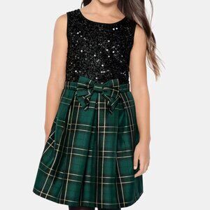 The Children’s Place Girls Green Plaid Sequin Fit & Flare Dress, Size 4T